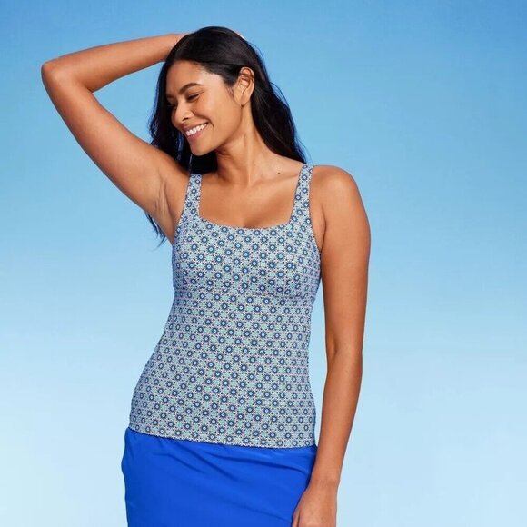 Lands' End Blue Geo Print Square Neck Underwire Tankini Swim Top - Picture 1 of 6